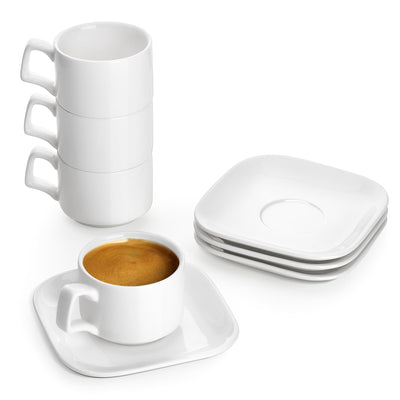 Ceramic Stackable Espresso Cups with Saucers Set of 4 - 3 Oz White.