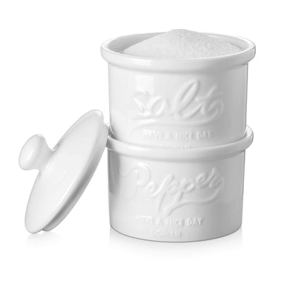 Ceramic Salt and Pepper Cellar with Lid Set of 2 - 8 Oz White.