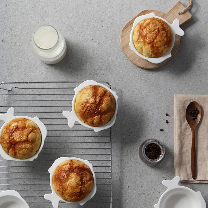 Ceramic Ramekin Bowls with Fish-shaped Tail Handle Set of 6 - 4 Oz White.