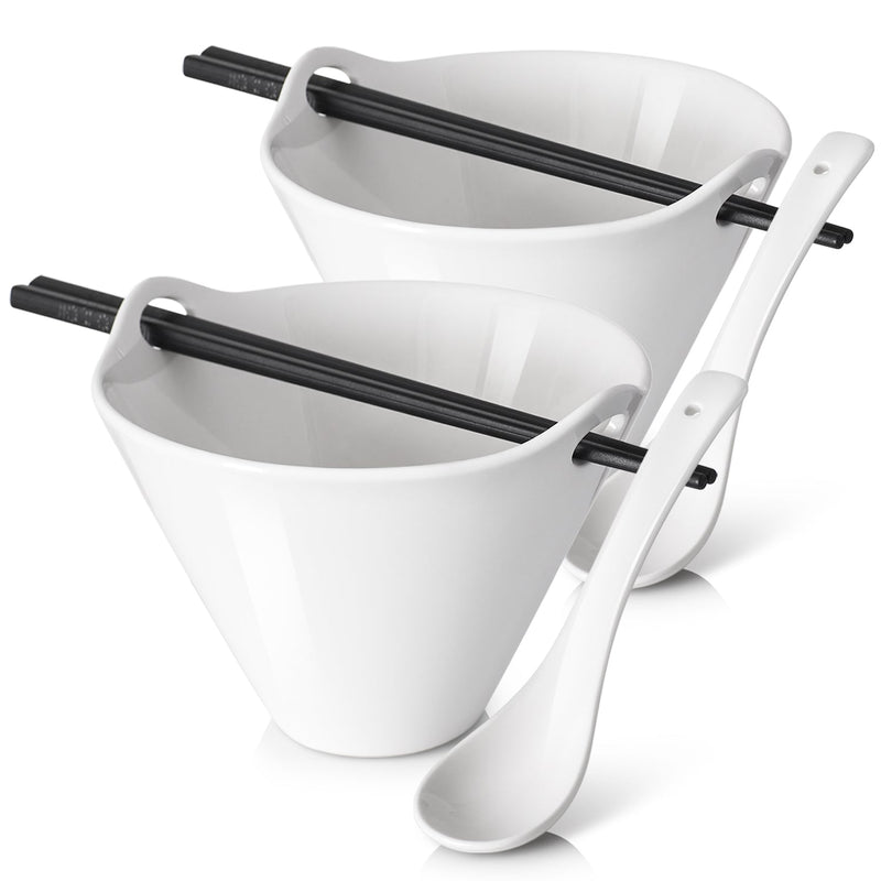 Ceramic Ramen Bowl with Spoon and Chopsticks 2 Packs - 20 Oz White.