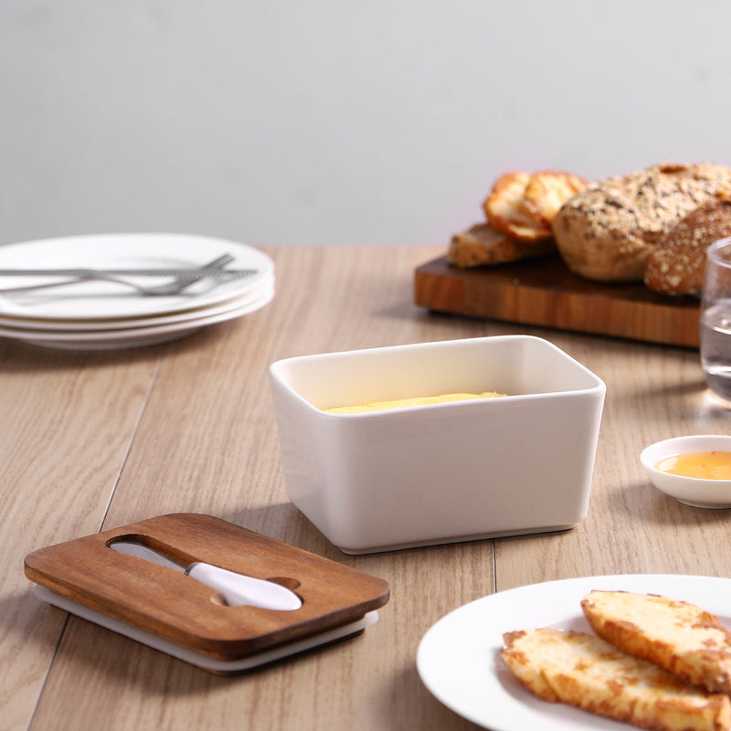 Ceramic Butter Dish with Wooden Lid and Steel Knife - Large White.