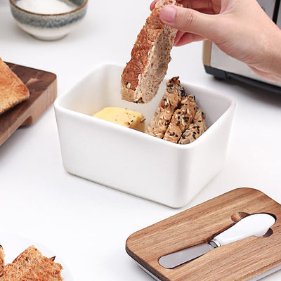 Ceramic Butter Dish with Wooden Lid and Steel Knife - Large White.