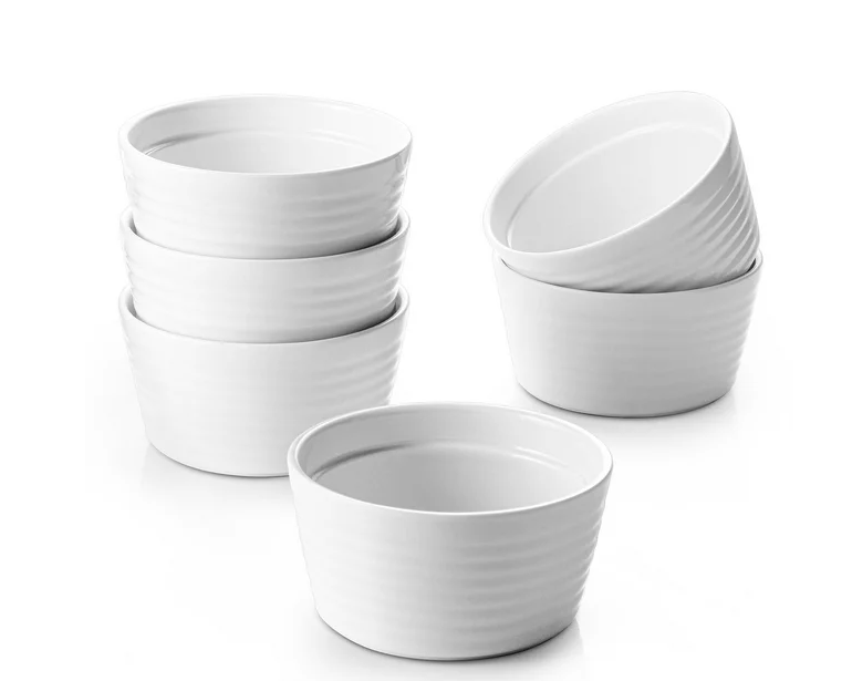 DOWAN 8 oz Oven Safe Ceramic Ramekins Set of 6 Souffle bowls, Creme Brulee Ramekins, White Ramekins for Baking, Stackable Tart Ramekins