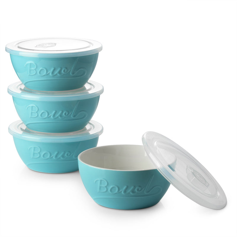 Ceramic Cereal Rice Salad Oatmeal Soup Bowls with Lid Set of 4 - 27 Oz Turquoise.