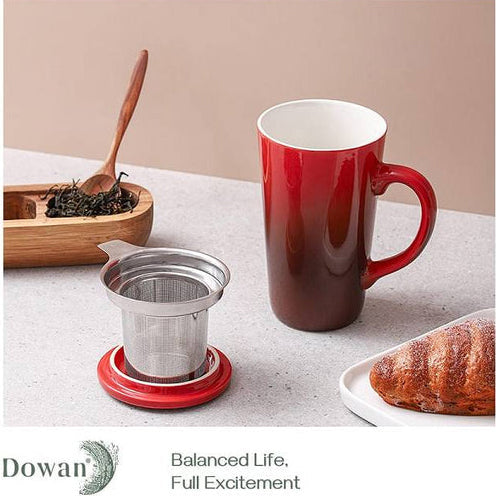 Ceramic Tea Mug with Infuser and Lid - 17 Oz Red.