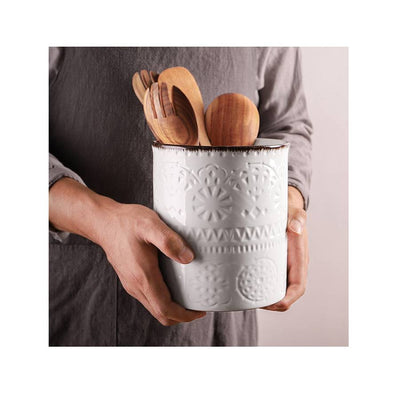 Ceramic Kitchen Embossed Utensils Holder - 7.2 Inches.