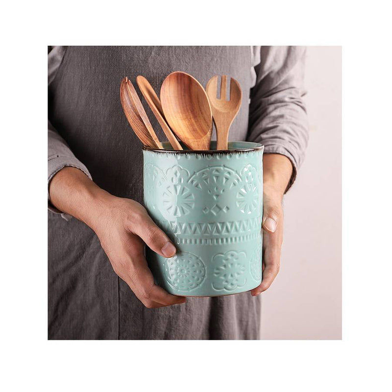 Ceramic Kitchen Embossed Utensils Holder - 7.2 Inches Turquoise.