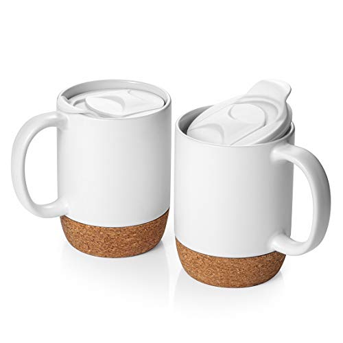 Large Ceramic Coffee Mugs with Insulated Cork Bottom Lid Set of 2 - 15 OZ   Matte White.