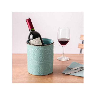 Ceramic Kitchen Embossed Utensils Holder - 7.2 Inches Turquoise.