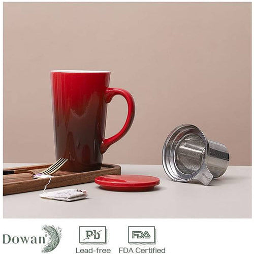 Ceramic Tea Mug with Infuser and Lid - 17 Oz Red.