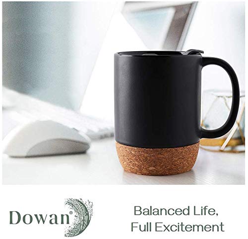 Ceramic Large Coffee Mugs with Insulated Cork Lid  Handle Set of 2 - 15 OZ Matte Black.