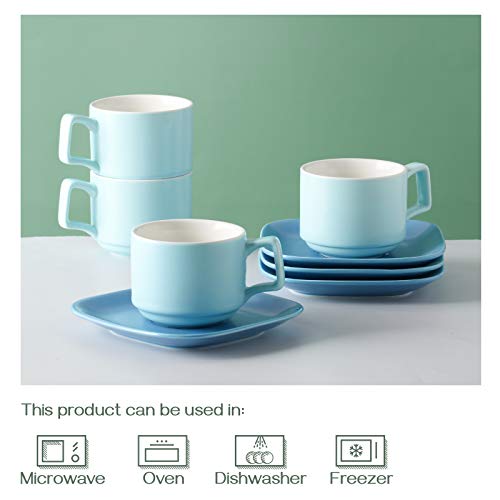 Ceramic Stackable Cappuccino Tea Cups and Saucers Set of 4 - 8.4 Oz Turquoise.