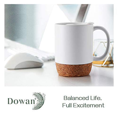 Large Ceramic Coffee Mugs with Insulated Cork Bottom Lid Set of 2 - 15 OZ   Matte White.