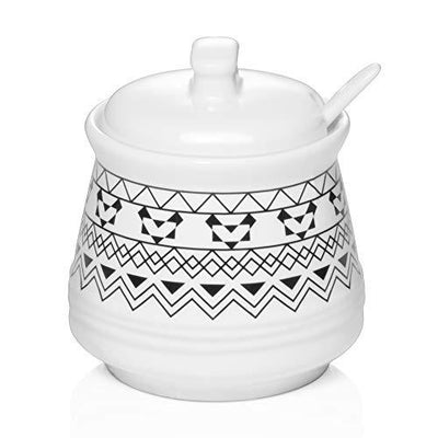 Ceramic Sugar Salt Jar Container with Spoon and Lid - 12 Oz White bohemian.