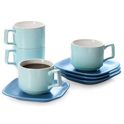 Ceramic Stackable Cappuccino Tea Cups and Saucers Set of 4 - 8.4 Oz Turquoise.