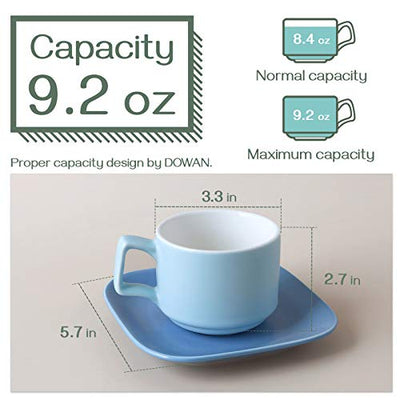 Ceramic Stackable Cappuccino Tea Cups and Saucers Set of 4 - 8.4 Oz Turquoise.