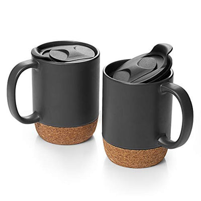 Ceramic Coffee Mug with Insulated Cork Bottom Lid and Handle Set of 2 - 15 Oz Matte Grey.