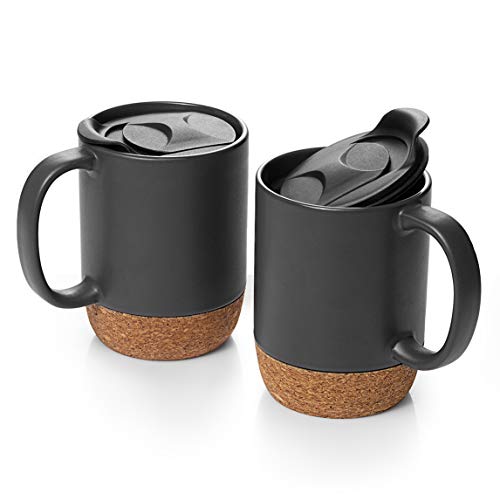 Ceramic Coffee Mug with Insulated Cork Bottom Lid and Handle Set of 2 - 15 Oz Matte Grey.