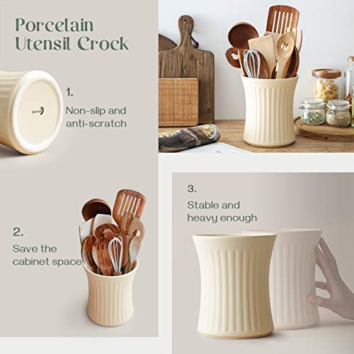 Ceramic Kitchen Utensil Holder - 7.3 Inches, Matte Beige.