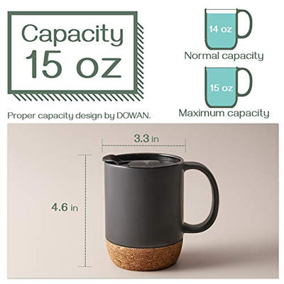 Ceramic Coffee Mug with Insulated Cork Bottom Lid and Handle Set of 2 - 15 Oz Matte Grey.