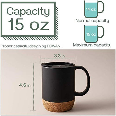 Ceramic Large Coffee Mugs with Insulated Cork Lid  Handle Set of 2 - 15 OZ Matte Black.