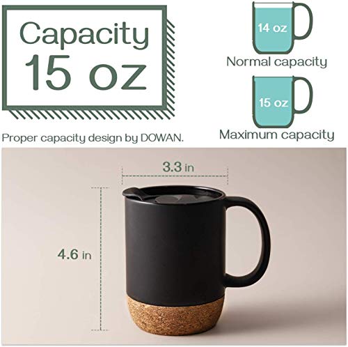 Ceramic Large Coffee Mugs with Insulated Cork Lid  Handle Set of 2 - 15 OZ Matte Black.