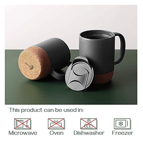 Ceramic Coffee Mug with Insulated Cork Bottom Lid and Handle Set of 2 - 15 Oz Matte Grey.