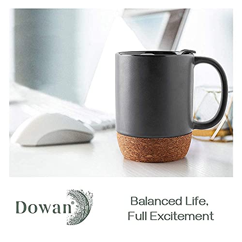 Ceramic Coffee Mug with Insulated Cork Bottom Lid and Handle Set of 2 - 15 Oz Matte Grey.