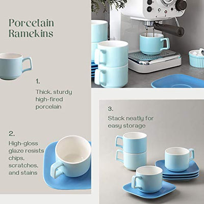 Ceramic Stackable Cappuccino Tea Cups and Saucers Set of 4 - 8.4 Oz Turquoise.