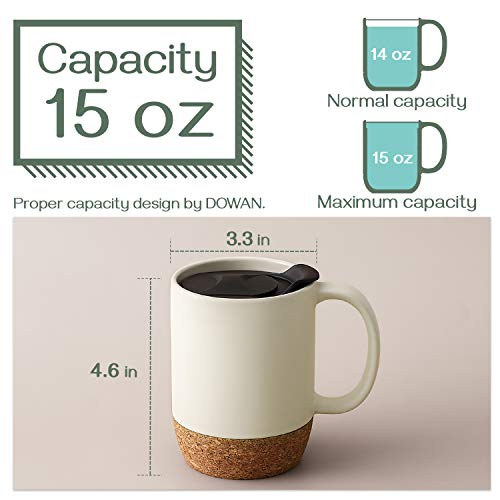 Ceramic Coffee Mugs with Insulated Cork Bottom Lid and Handle Set of 2 - 15 OZ.