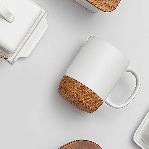 Large Ceramic Coffee Mugs with Insulated Cork Bottom Lid Set of 2 - 15 OZ   Matte White.