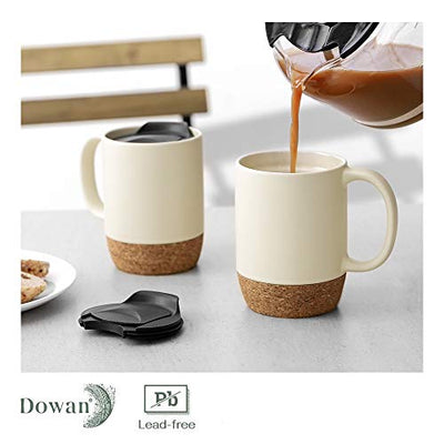 Ceramic Coffee Mugs with Insulated Cork Bottom Lid and Handle Set of 2 - 15 OZ.