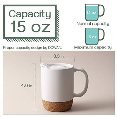 Large Ceramic Coffee Mugs with Insulated Cork Bottom Lid Set of 2 - 15 OZ   Matte White.