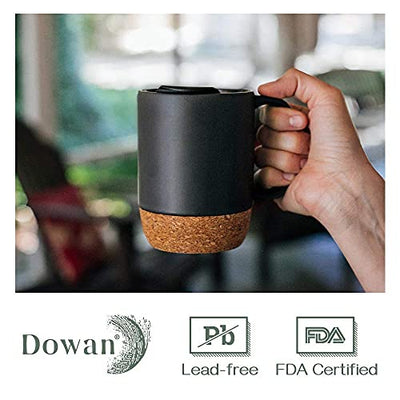 Ceramic Coffee Mug with Insulated Cork Bottom Lid and Handle Set of 2 - 15 Oz Matte Grey.