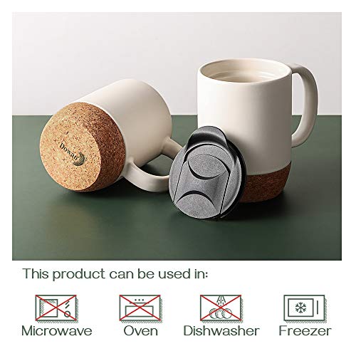 Ceramic Coffee Mugs with Insulated Cork Bottom Lid and Handle Set of 2 - 15 OZ.