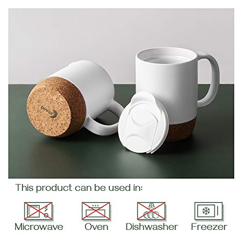 Large Ceramic Coffee Mugs with Insulated Cork Bottom Lid Set of 2 - 15 OZ   Matte White.