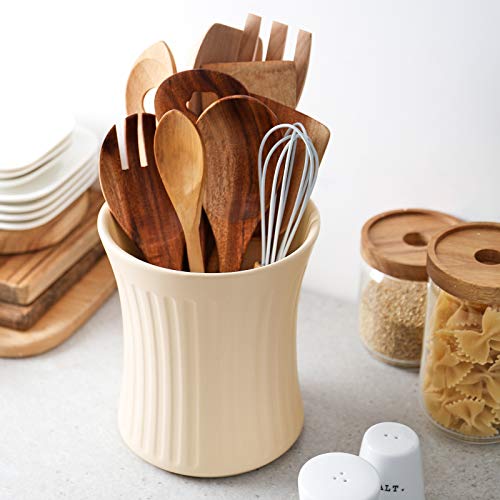 Ceramic Kitchen Utensil Holder - 7.3 Inches, Matte Beige.