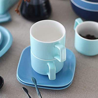 Ceramic Stackable Cappuccino Tea Cups and Saucers Set of 4 - 8.4 Oz Turquoise.