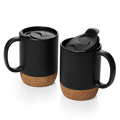 Ceramic Large Coffee Mugs with Insulated Cork Lid  Handle Set of 2 - 15 OZ Matte Black.