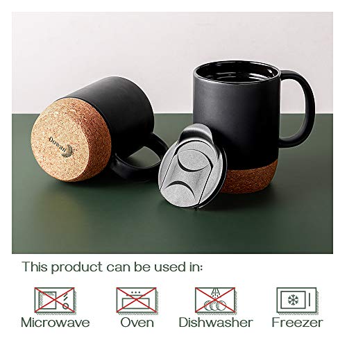 Ceramic Large Coffee Mugs with Insulated Cork Lid  Handle Set of 2 - 15 OZ Matte Black.