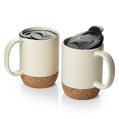 Ceramic Coffee Mugs with Insulated Cork Bottom Lid and Handle Set of 2 - 15 OZ.