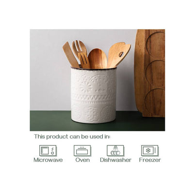 Ceramic Kitchen Embossed Utensils Holder - 7.2 Inches.