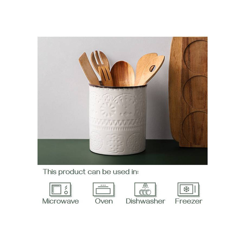 Ceramic Kitchen Embossed Utensils Holder - 7.2 Inches.