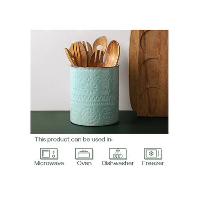 Ceramic Kitchen Embossed Utensils Holder - 7.2 Inches Turquoise.