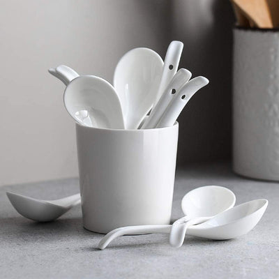 Ceramic Chinese Soup Ramen Pho Spoons - Set of 6 White.