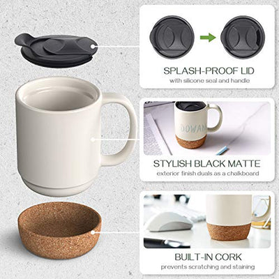 Ceramic Coffee Mugs with Insulated Cork Bottom Lid and Handle Set of 2 - 15 OZ.