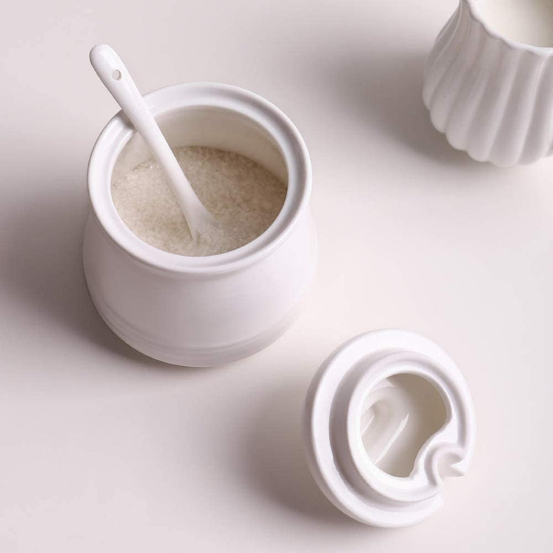 Ceramic Sugar Salt Jar Container with Spoon and Lid - 12 Oz White.