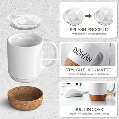 Large Ceramic Coffee Mugs with Insulated Cork Bottom Lid Set of 2 - 15 OZ   Matte White.