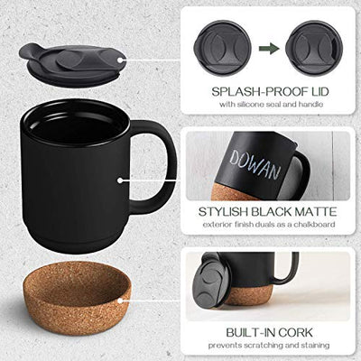 Ceramic Large Coffee Mugs with Insulated Cork Lid  Handle Set of 2 - 15 OZ Matte Black.