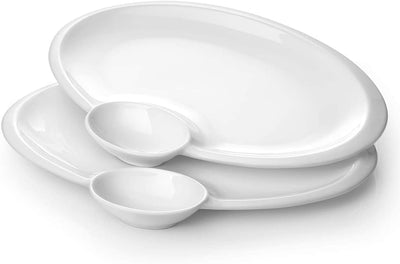 Ceramic Chip and Dip Serving Plates with Sauce Set of 2 - 12 Inches White.